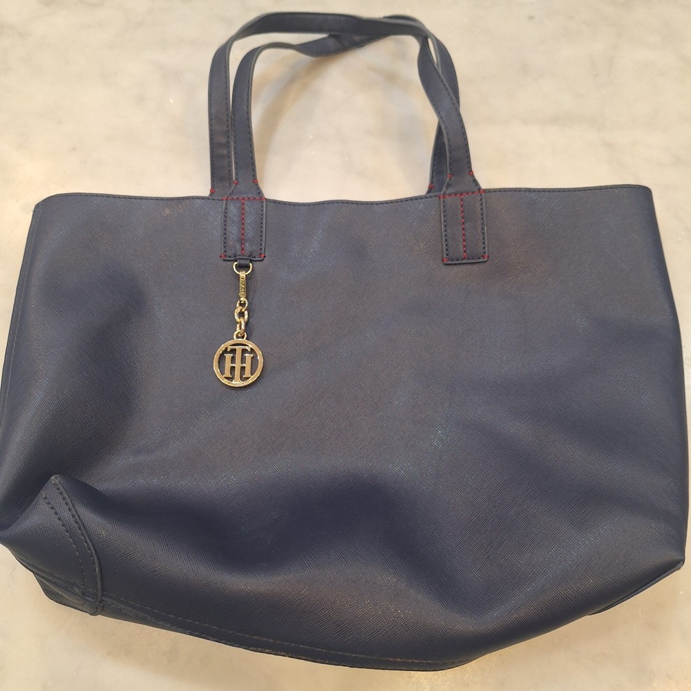 Tommy Hilfiger Tote Bag Women Large Navy Blue Saffiano Floral Lining Gold Charm